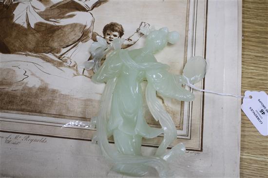 A 20th century Chinese carved bowenite jade figure of a courtesan and a similar group of a noble couple,